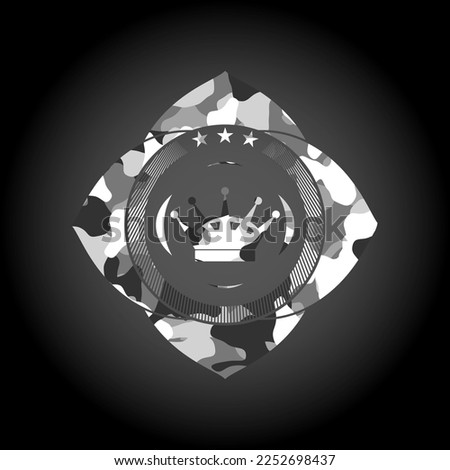 queen crown icon on grey camouflage pattern. 
