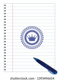 queen crown icon pen effect. Blue ink. Vector Illustration. Detailed.