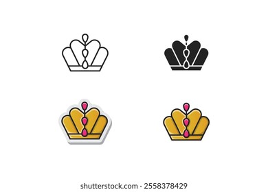 queen crown icon with pink jewels made in outline, silhouette, stickers and cartoon style