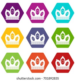 Queen crown icon set many color hexahedron isolated on white vector illustration