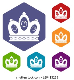 Queen crown icons set hexagon isolated vector illustration