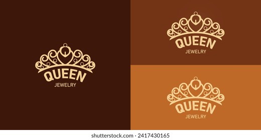 Logotipo Queen Crown aplicado al negocio de la joyería. Ilustración con el logotipo del elegante oro de la época dorada de la época con varios colores de fondo. El logotipo es adecuado para la inspiración del diseño del logotipo de joyería