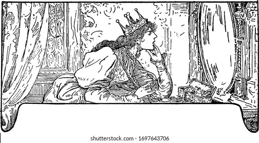 The queen with crown looking into mirror and box kept near mirror, vintage line drawing or engraving illustration