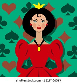 Queen with crown and red dress. Playing cards vector illustration. Playing cards queen. Clubs, diamonds, hearts and spades. Gambling addiction symbols. Red, green and black colors. Royal princess. 