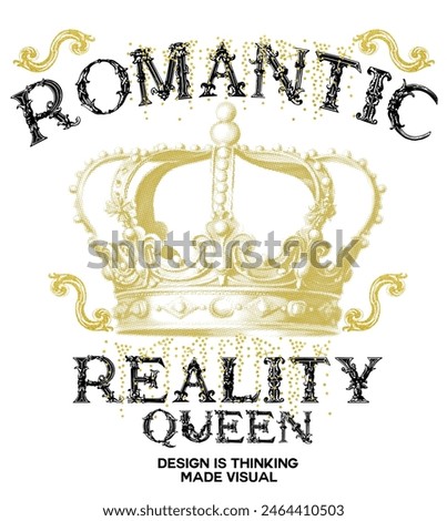 Queen crown and round glitter Art fashion letter color grunge motif gold  text  with white background