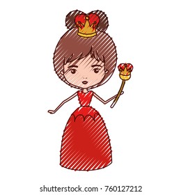 queen with crown and scepter in red dress in colored crayon silhouette