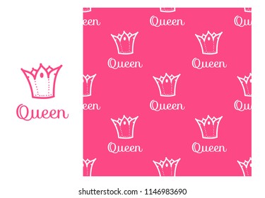 Queen Crown. Seamless repeating pattern isolated on pink background. Vector illustration. Modern Design for Girls