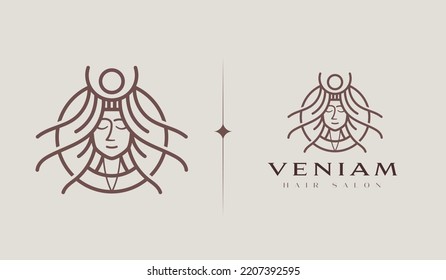 Queen with Crown Simple Line Monoline Luxury Logo. Universal Creative Premium Symbol. Graceful jewel Boutique Vector Sign