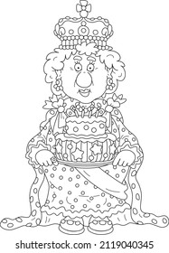 Queen in a crown and in a solemn royal dress holding a fancy holiday cake decorated with candles and sweet stars at a festive ceremony in a palace, black and white vector cartoon svg