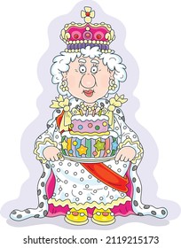 Queen in a crown and in a solemn royal dress holding a fancy holiday cake decorated with candles and sweet stars at a festive ceremony in a palace, vector cartoon illustration on white svg