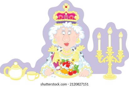 Queen in a crown and in a solemn royal dress sitting at her festive table with a traditional fresh and tasty British Yorkshire pudding with berries, vector cartoon illustration on white