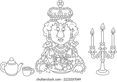 Queen in a crown and in a solemn royal dress sitting at her festive table with a traditional fresh and tasty British Yorkshire pudding with berries, black and white vector cartoon illustration svg