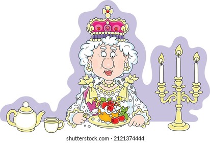 Queen in a crown and in a solemn royal dress sitting at her festive table with a traditional fresh and tasty British Yorkshire pudding with berries, vector cartoon illustration on white