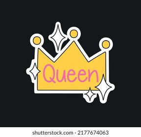 Queen crown sticker. Design elements for social networks. Symbol of power and strength, accessories and jewelry, treasures. 80s and 90s, old retro hippie style. Cartoon flat vector illustration