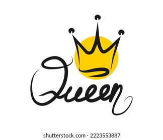 Queen crown typography. Black lettering Queen and gold crown. Calligraphy design for the logo, t-shirt, pillow, mug, postcards etc. Vector illustration.