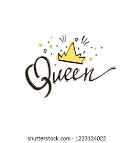 Queen Crown Vector Calligraphy Design Funny Poster. Queen Lettering With Stars. Doodle Illustration With Calligraphy