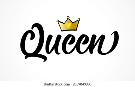 Queen crown vector calligraphy design. Text inscription "queen" to print on tee, shirt, hoody, poster, banner, sticker, card. Hand lettering vector illustration