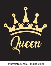 Queen crown vector calligraphy. gold royal king crown on black background with typography