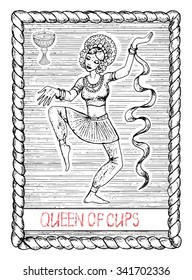 Queen of cups. The minor arcana tarot card, vintage hand drawn engraved illustration with mystic symbols. Beautiful dancing woman, asian dancer