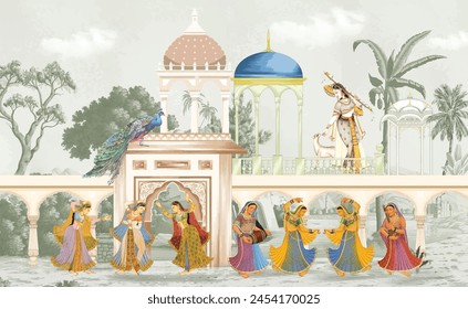 The Queen dancing Entertaining in a garden arch wallpaper illustration. India Miniature Painting Rajasthan, Udaipur illustration. Mughal mural art wallpaper.