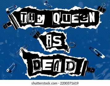 The Queen Is Dead. Lettering Font Study In The Style Of Punk Aesthetic On Deep Blue Background.