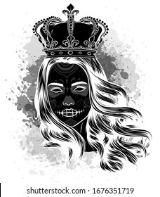 Queen of death. Portrait of a skull with a crown and long hair.