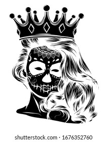 Queen of death. Portrait of a skull with a crown and long hair.