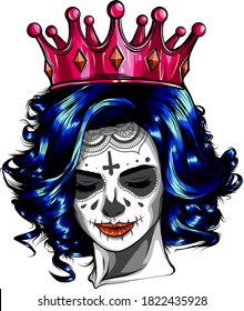 Queen of death. Portrait of a skull with a crown and long hair.