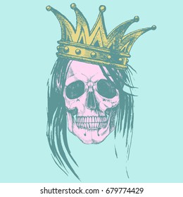 Queen of death. Portrait of a skull with a crown and long hair. Vector rock illustration for your fashion design.