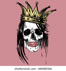 Queen of death. Portrait of a skull with a crown and long hair. Vector rock illustration for your fashion design.