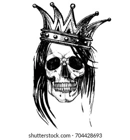 Queen of death. Portrait of a skull with a crown and long hair. Vector hand drawn rock illustration for your fashion design.