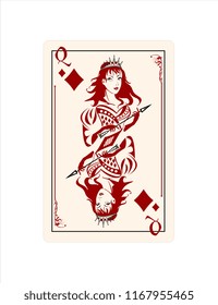 queen diamond playing card. Red style symbol games tools poker game deck girl lade woman face 