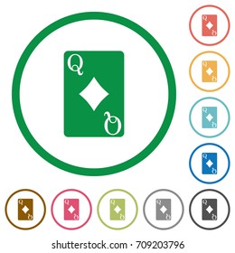 Queen of diamonds card flat color icons in round outlines on white background