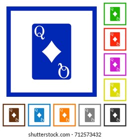 Queen of diamonds card flat color icons in square frames on white background
