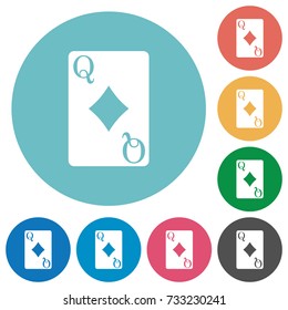 Queen of diamonds card flat white icons on round color backgrounds