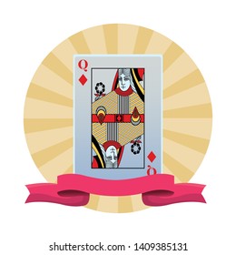 queen of diamonds card icon cartoon pop art round icon with ribbon vector illustration graphic design