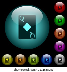 Queen of diamonds card icons in color illuminated spherical glass buttons on black background. Can be used to black or dark templates