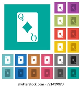 Queen of diamonds card multi colored flat icons on plain square backgrounds. Included white and darker icon variations for hover or active effects.