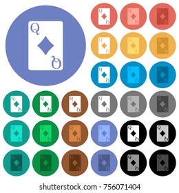 Queen of diamonds card multi colored flat icons on round backgrounds. Included white, light and dark icon variations for hover and active status effects, and bonus shades on black backgounds.