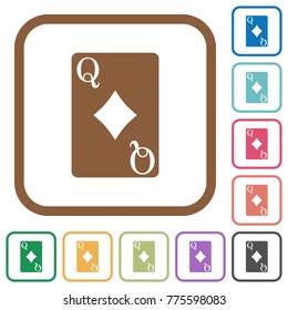 Queen of diamonds card simple icons in color rounded square frames on white background