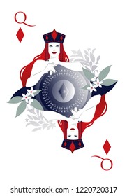 Queen of Diamonds with a crown holding a shield with the diamond symbol in the center and surrounded by flowers. Isolated on white background.