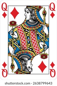 Queen of Diamonds design from a new original deck of playing cards. Four pip left handed version with identifier in all four corners.