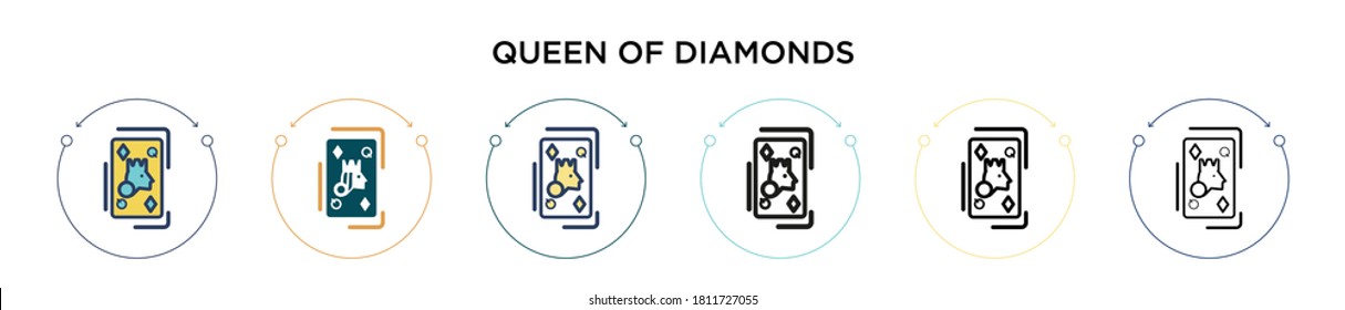 Queen of diamonds icon in filled, thin line, outline and stroke style. Vector illustration of two colored and black queen of diamonds vector icons designs can be used for mobile, ui, web