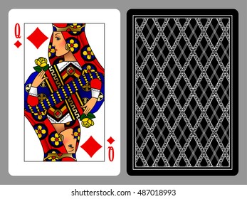 Reina de los diamantes jugando cartas y fondo trasero. Diseño original colorido. Ilustración del vector