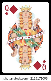 Queen of Diamonds playing card - Colorful original design.