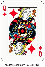 Queen of diamonds playing card inspired by french tradition 