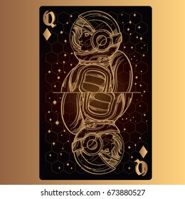 Queen of diamonds. Playing card with original design on the theme of space.