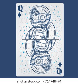 Queen of diamonds. Playing card with original design on the theme of space.