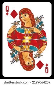 Queen of Diamonds playing card - Slavic original design.