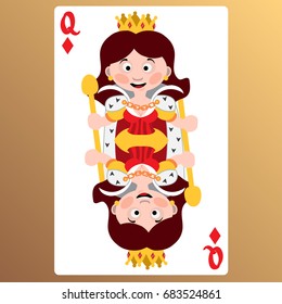 Queen of diamonds. Playing cards with cartoon cute characters.